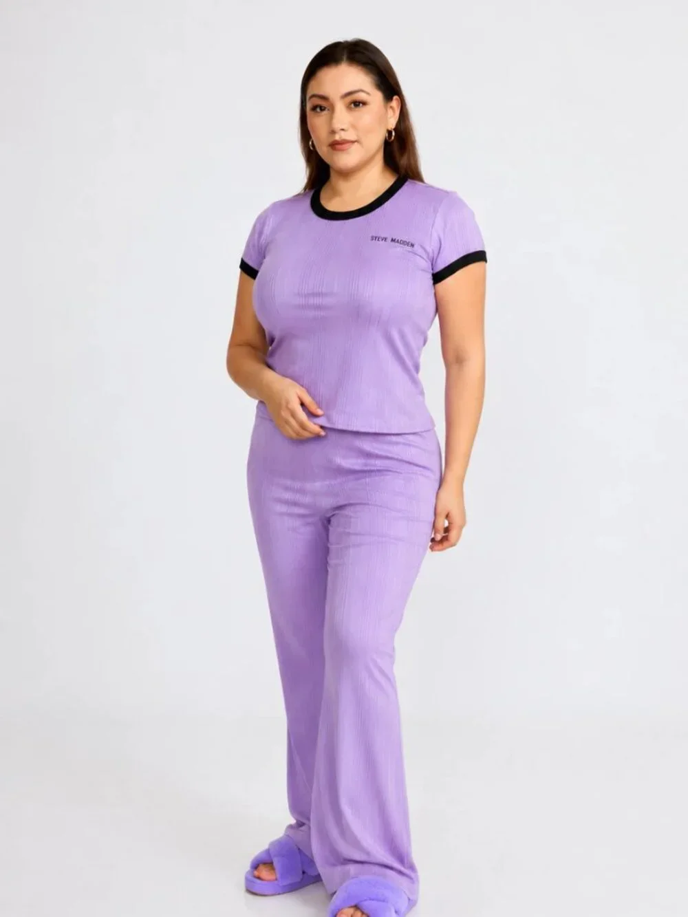 Steve Madden Ribbed Pajama Set, Short Sleeve Top & Pants Lounge Set Color Lila